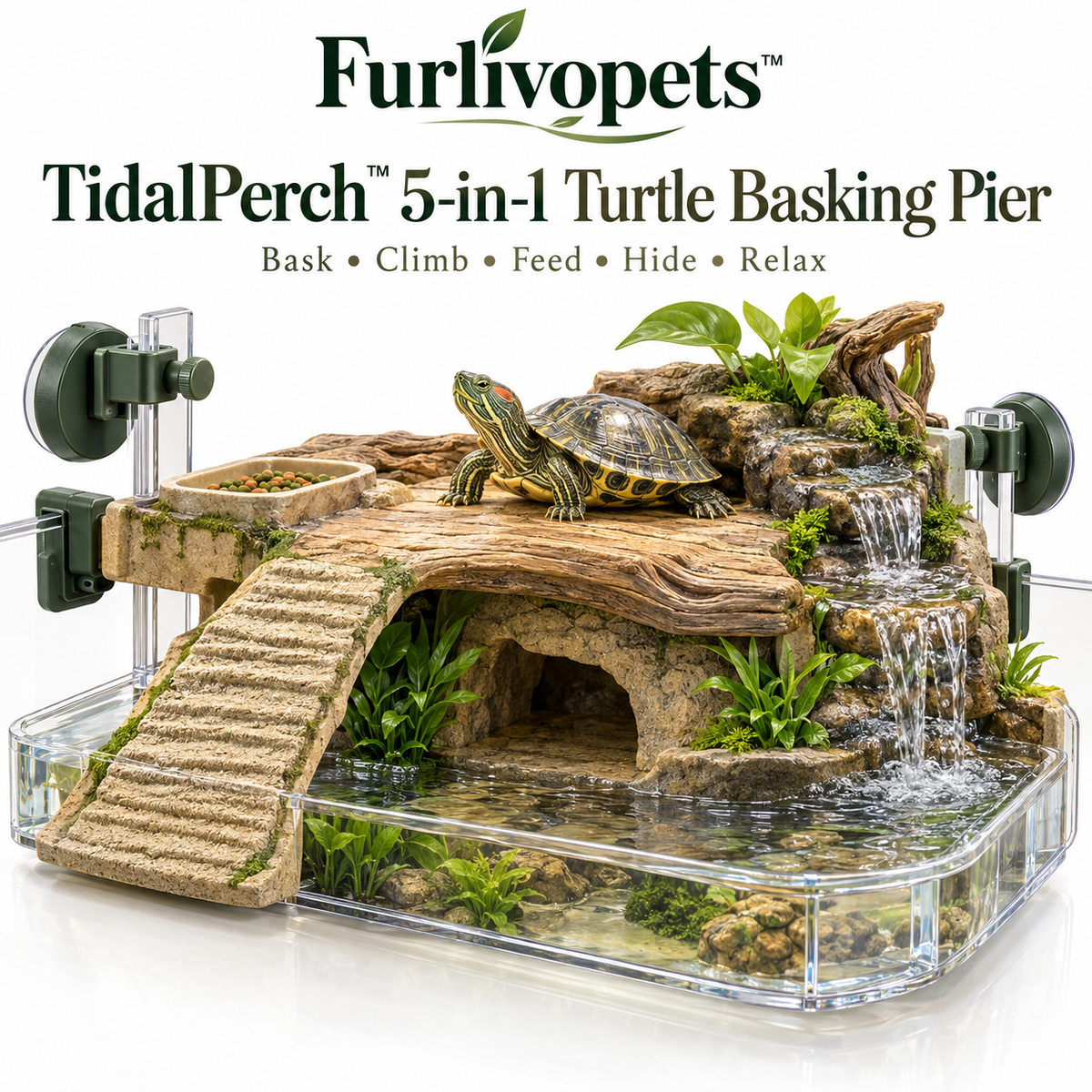 Furlivopets™ TidalPerch™ 5-in-1 Turtle Basking Pier – Aquarium Climbing Ramp, Feeding Platform, Hideaway & Waterfall Dock for Small Aquatic Turtles