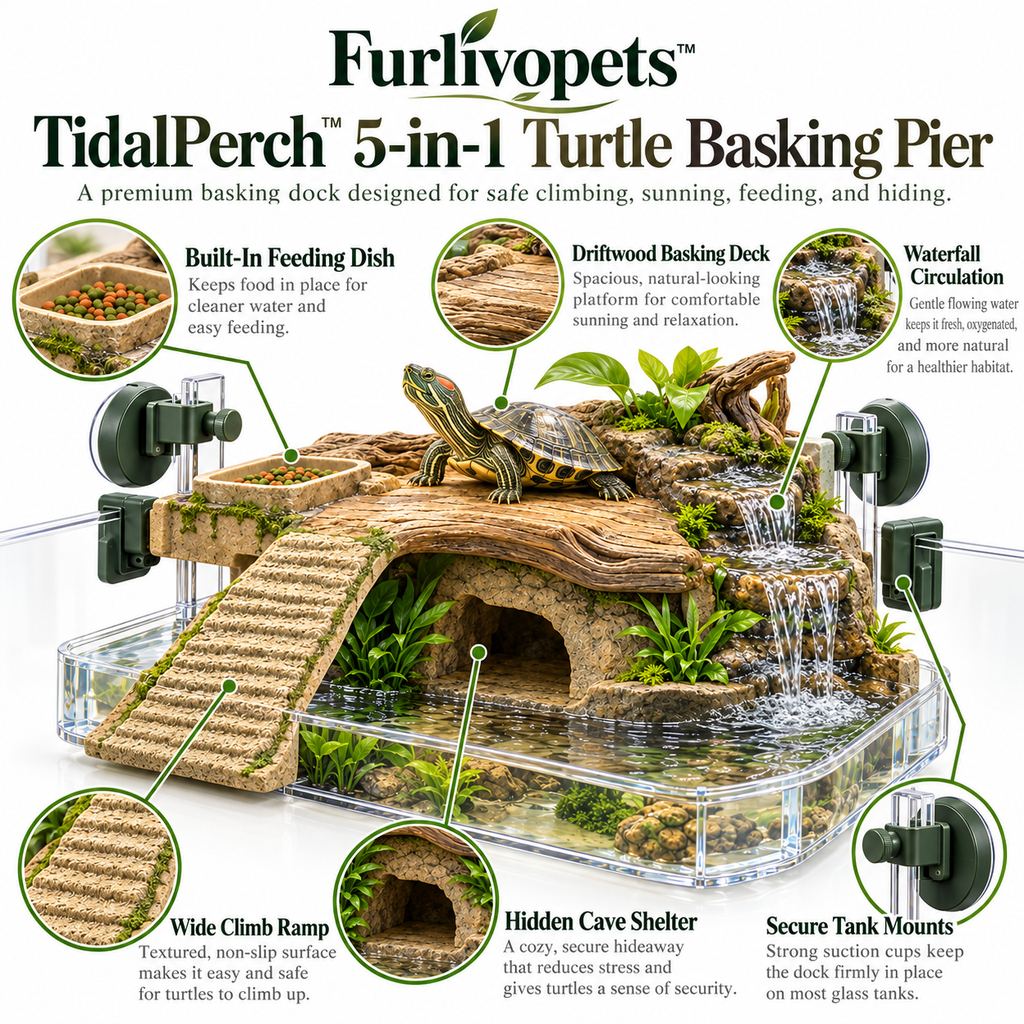 Furlivopets™ TidalPerch™ 5-in-1 Turtle Basking Pier – Aquarium Climbing Ramp, Feeding Platform, Hideaway & Waterfall Dock for Small Aquatic Turtles