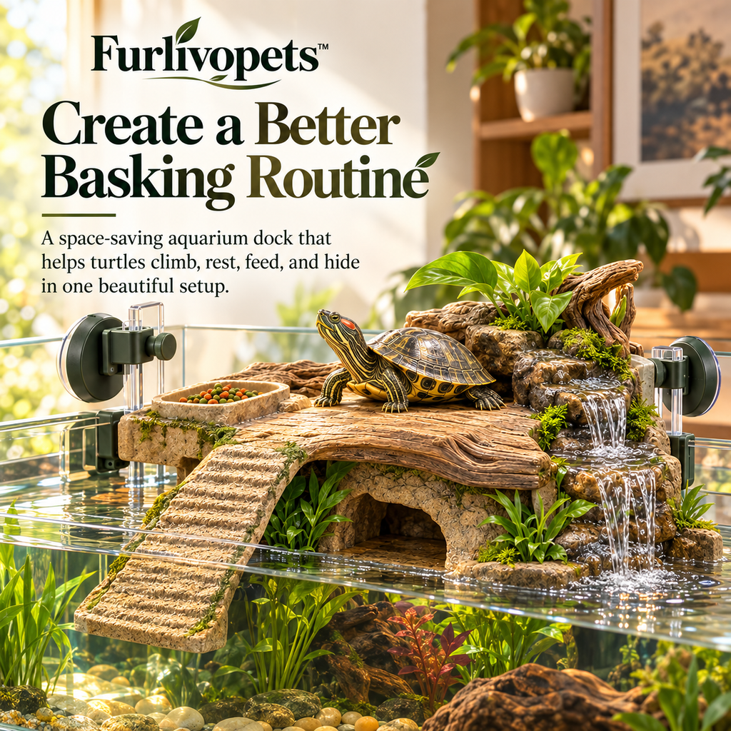 Furlivopets™ TidalPerch™ 5-in-1 Turtle Basking Pier – Aquarium Climbing Ramp, Feeding Platform, Hideaway & Waterfall Dock for Small Aquatic Turtles