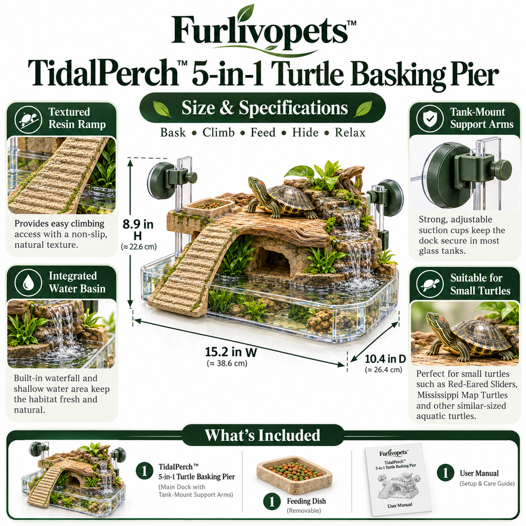 Furlivopets™ TidalPerch™ 5-in-1 Turtle Basking Pier – Aquarium Climbing Ramp, Feeding Platform, Hideaway & Waterfall Dock for Small Aquatic Turtles