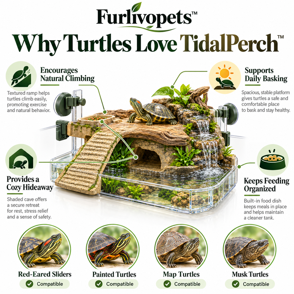 Furlivopets™ TidalPerch™ 5-in-1 Turtle Basking Pier – Aquarium Climbing Ramp, Feeding Platform, Hideaway & Waterfall Dock for Small Aquatic Turtles