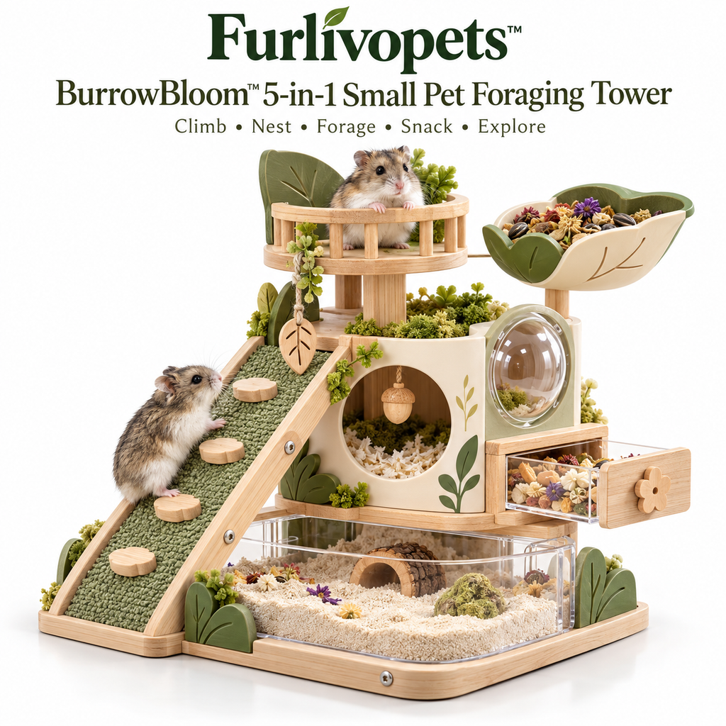 Furlivopets™ BurrowBloom™ 5-in-1 Small Pet Foraging Tower – Climbing, Nesting, Digging & Treat Enrichment Station for Hamsters, Gerbils & Mice