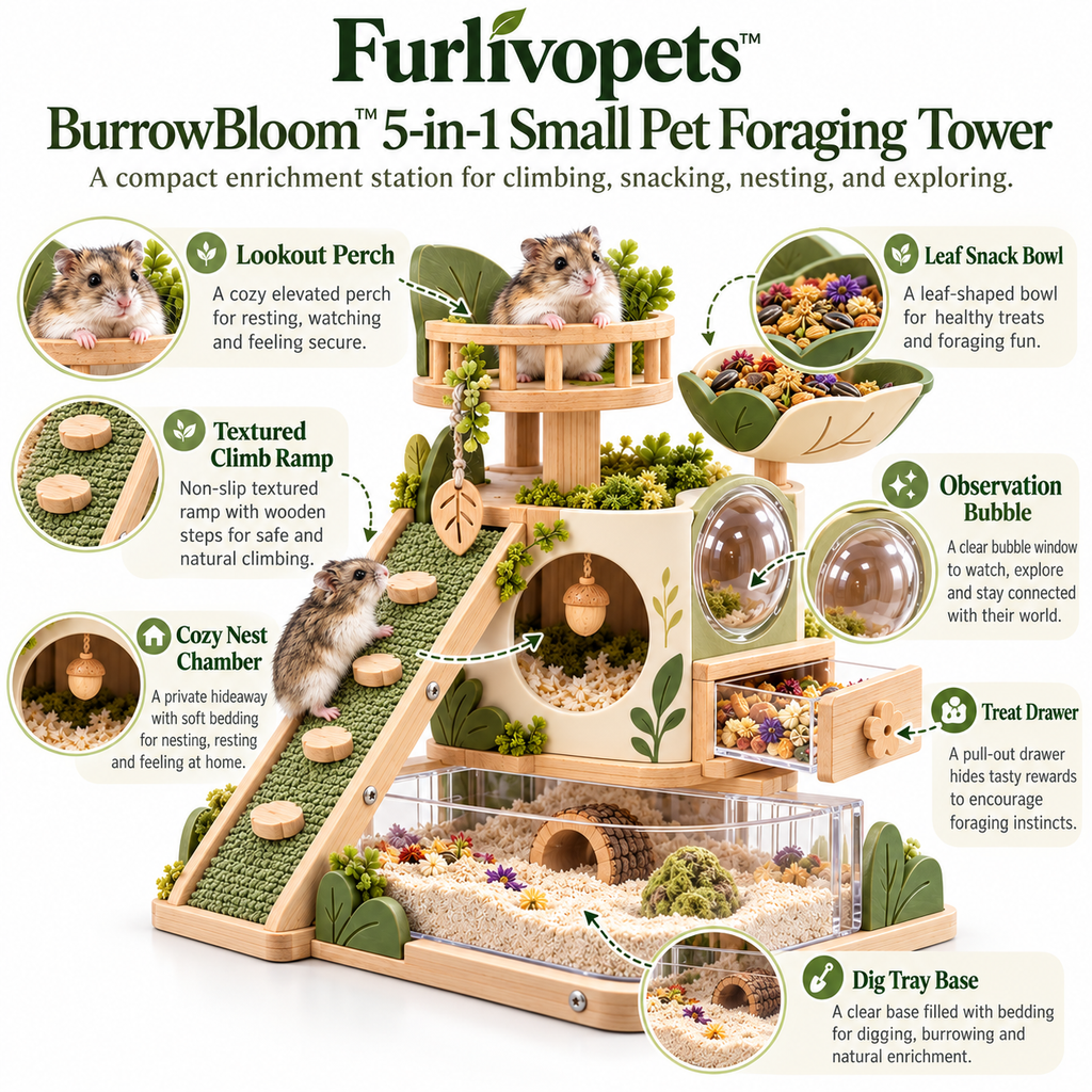 Furlivopets™ BurrowBloom™ 5-in-1 Small Pet Foraging Tower – Climbing, Nesting, Digging & Treat Enrichment Station for Hamsters, Gerbils & Mice