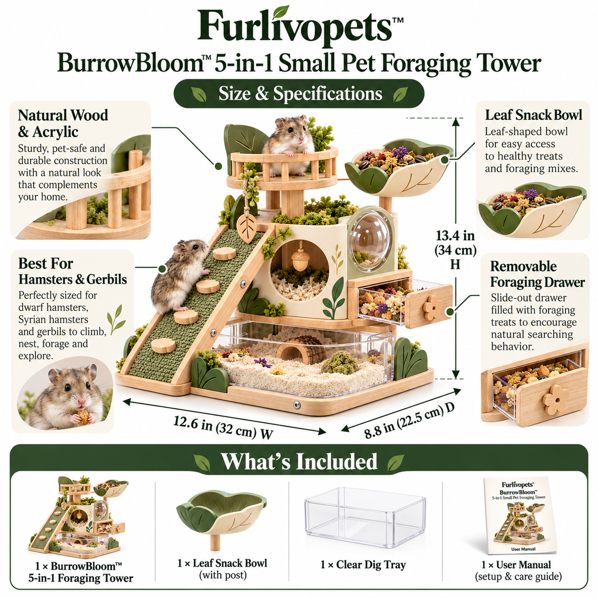 Furlivopets™ BurrowBloom™ 5-in-1 Small Pet Foraging Tower – Climbing, Nesting, Digging & Treat Enrichment Station for Hamsters, Gerbils & Mice