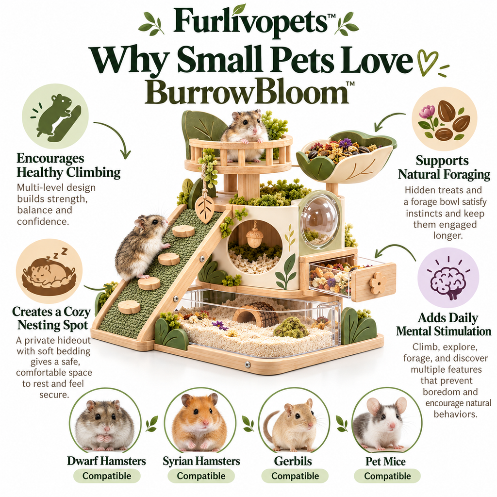 Furlivopets™ BurrowBloom™ 5-in-1 Small Pet Foraging Tower – Climbing, Nesting, Digging & Treat Enrichment Station for Hamsters, Gerbils & Mice