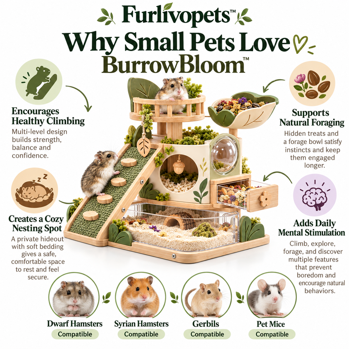 Furlivopets™ BurrowBloom™ 5-in-1 Small Pet Foraging Tower – Climbing, Nesting, Digging & Treat Enrichment Station for Hamsters, Gerbils & Mice