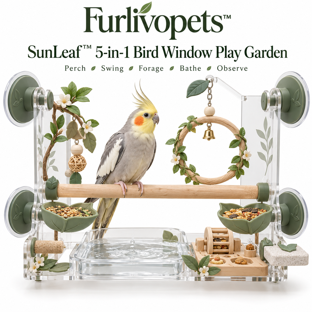 Furlivopets™ SunLeaf™ 5-in-1 Bird Window Play Garden – Window-Mounted Perch, Swing, Foraging, Bath & Enrichment Station for Cockatiels, Budgies, Lovebirds & Conures