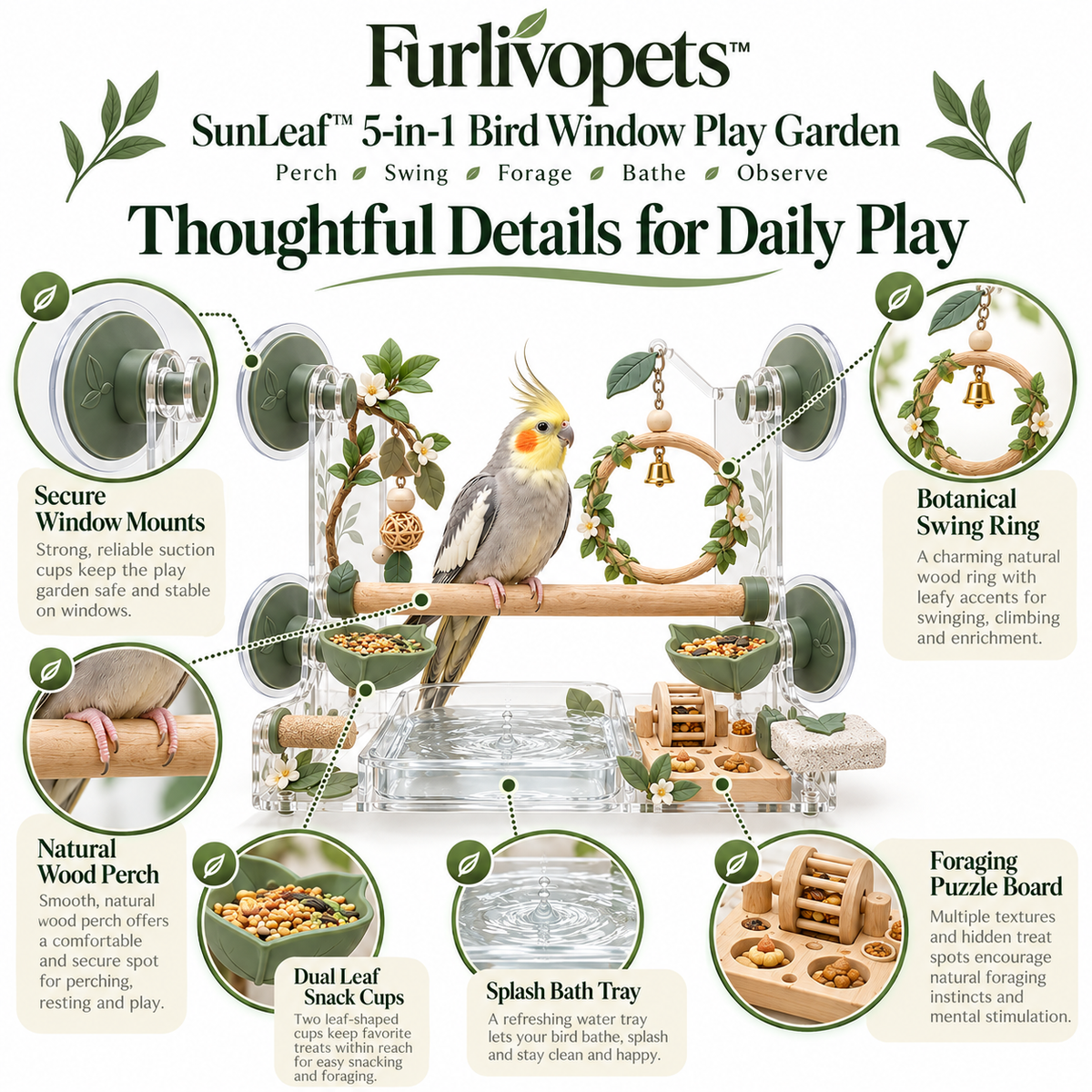 Furlivopets™ SunLeaf™ 5-in-1 Bird Window Play Garden – Window-Mounted Perch, Swing, Foraging, Bath & Enrichment Station for Cockatiels, Budgies, Lovebirds & Conures