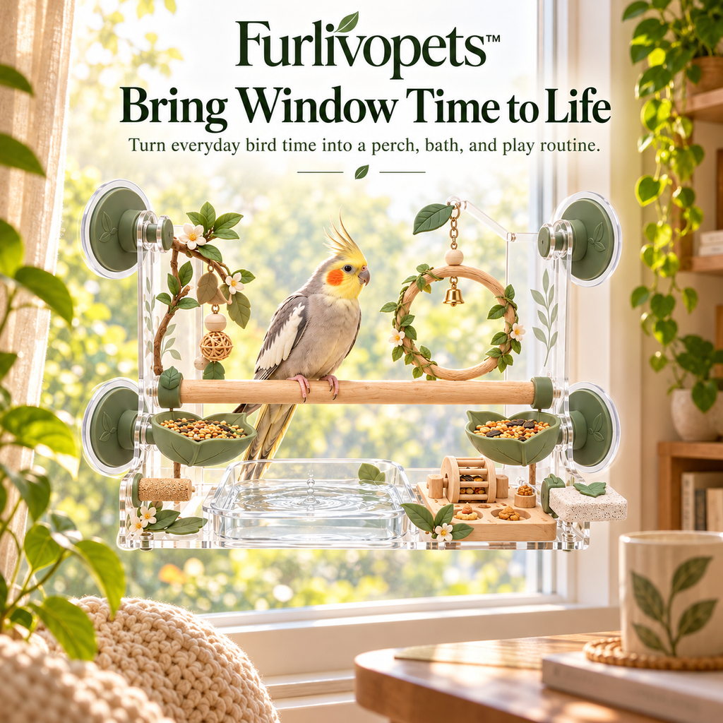 Furlivopets™ SunLeaf™ 5-in-1 Bird Window Play Garden – Window-Mounted Perch, Swing, Foraging, Bath & Enrichment Station for Cockatiels, Budgies, Lovebirds & Conures