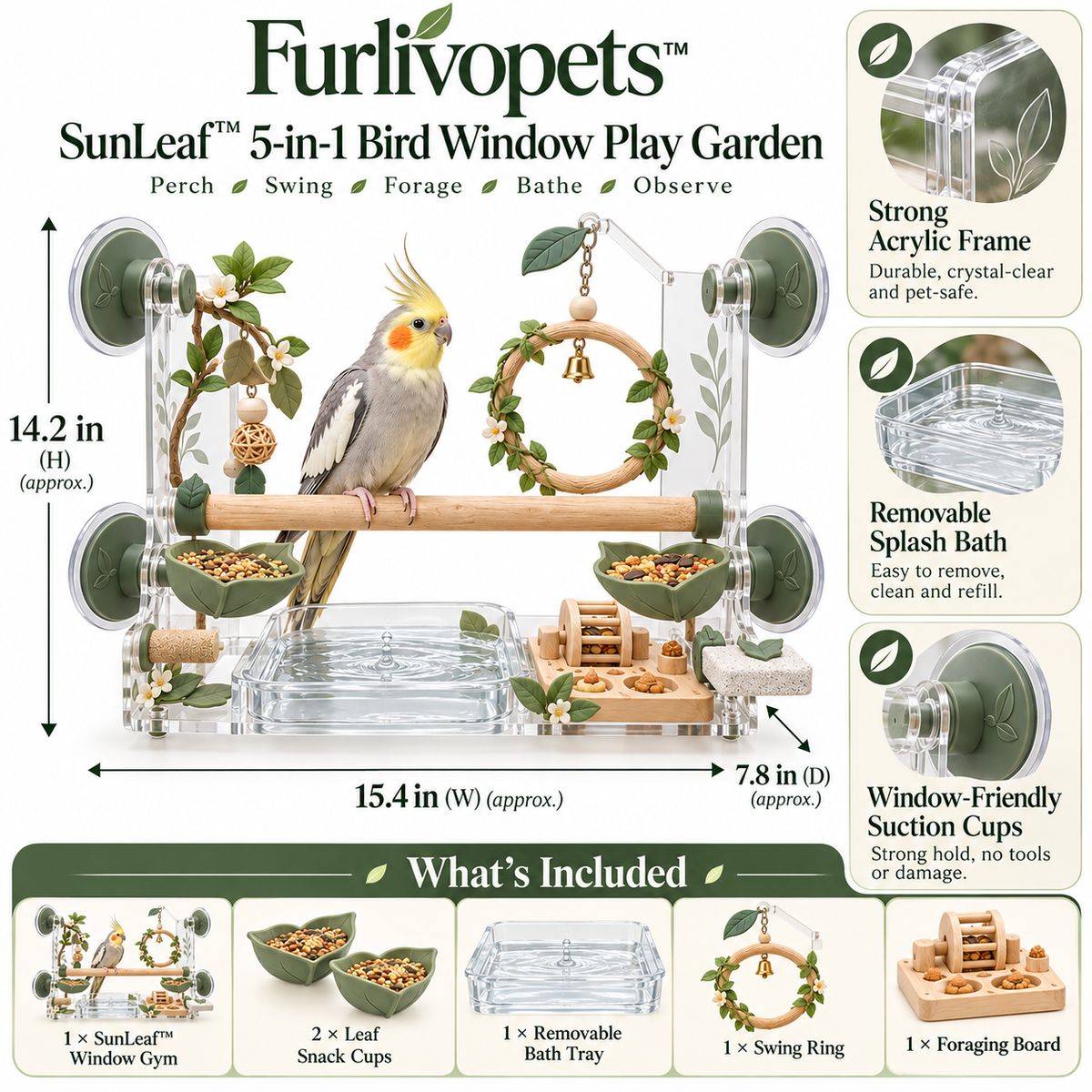 Furlivopets™ SunLeaf™ 5-in-1 Bird Window Play Garden – Window-Mounted Perch, Swing, Foraging, Bath & Enrichment Station for Cockatiels, Budgies, Lovebirds & Conures