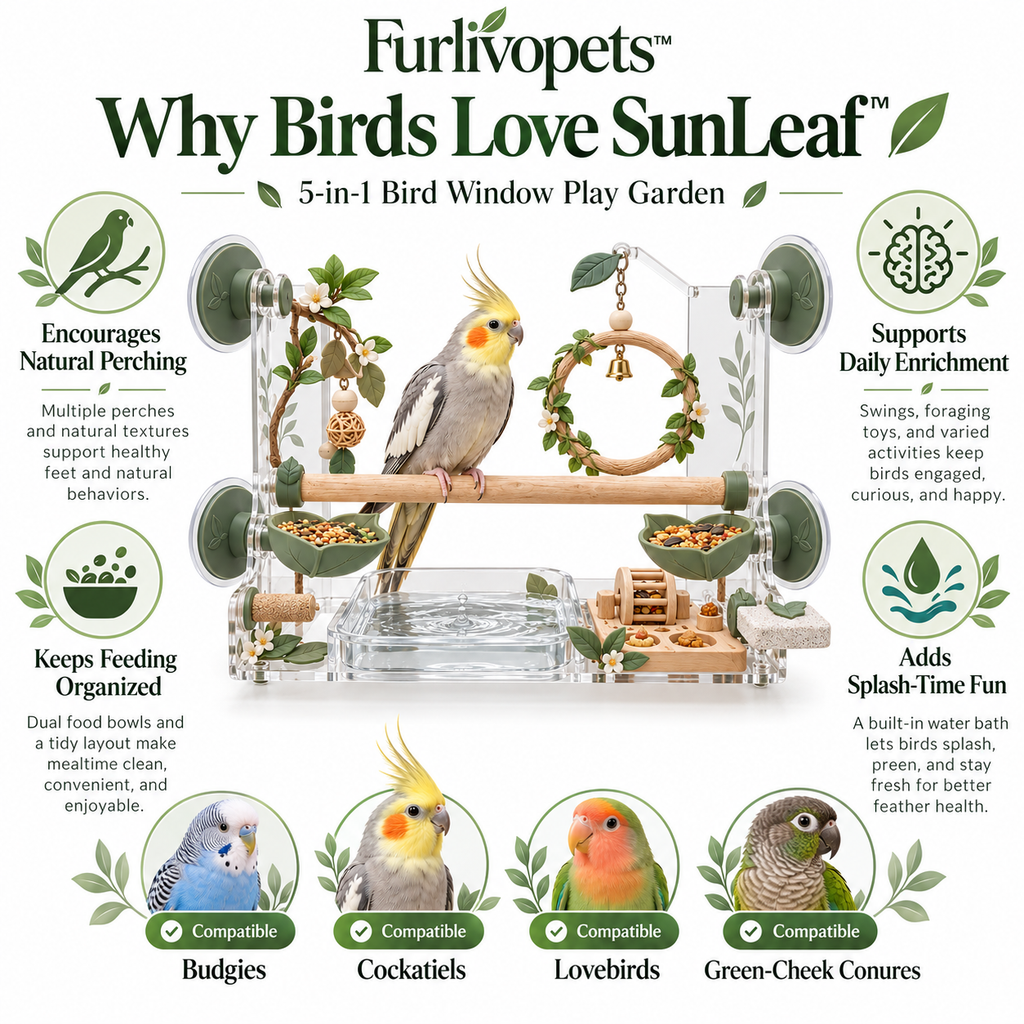 Furlivopets™ SunLeaf™ 5-in-1 Bird Window Play Garden – Window-Mounted Perch, Swing, Foraging, Bath & Enrichment Station for Cockatiels, Budgies, Lovebirds & Conures