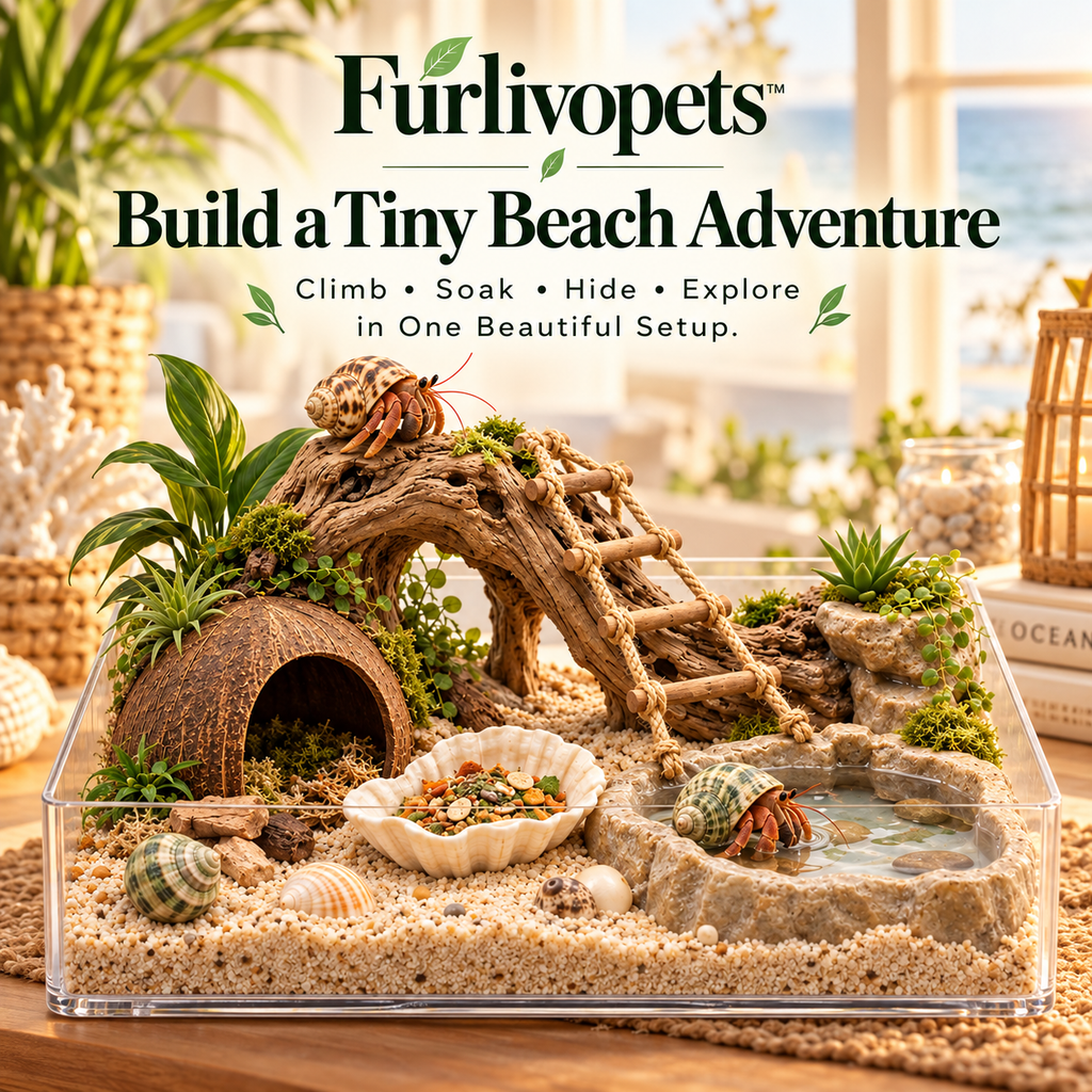 Furlivopets™ ShellScape™ 5-in-1 Hermit Crab Beach Playground – Climbing, Hiding, Soaking, Feeding & Digging Enrichment Habitat for Hermit Crabs