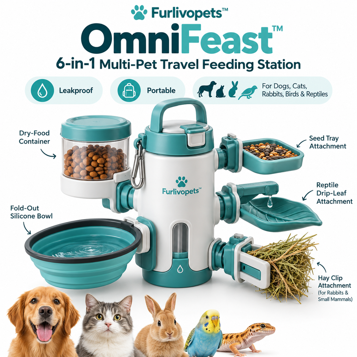 Furlivopets™ OmniFeast™ 6-in-1 Multi-Pet Travel Feeding Station | Portable Food & Water System for Dogs, Cats, Rabbits, Birds & Reptiles