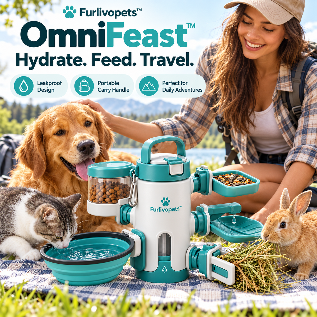 Furlivopets™ OmniFeast™ 6-in-1 Multi-Pet Travel Feeding Station | Portable Food & Water System for Dogs, Cats, Rabbits, Birds & Reptiles