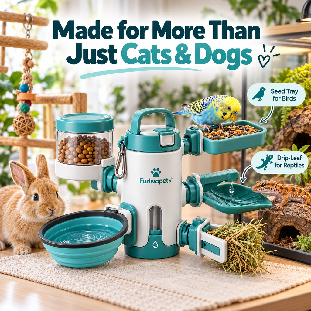 Furlivopets™ OmniFeast™ 6-in-1 Multi-Pet Travel Feeding Station | Portable Food & Water System for Dogs, Cats, Rabbits, Birds & Reptiles
