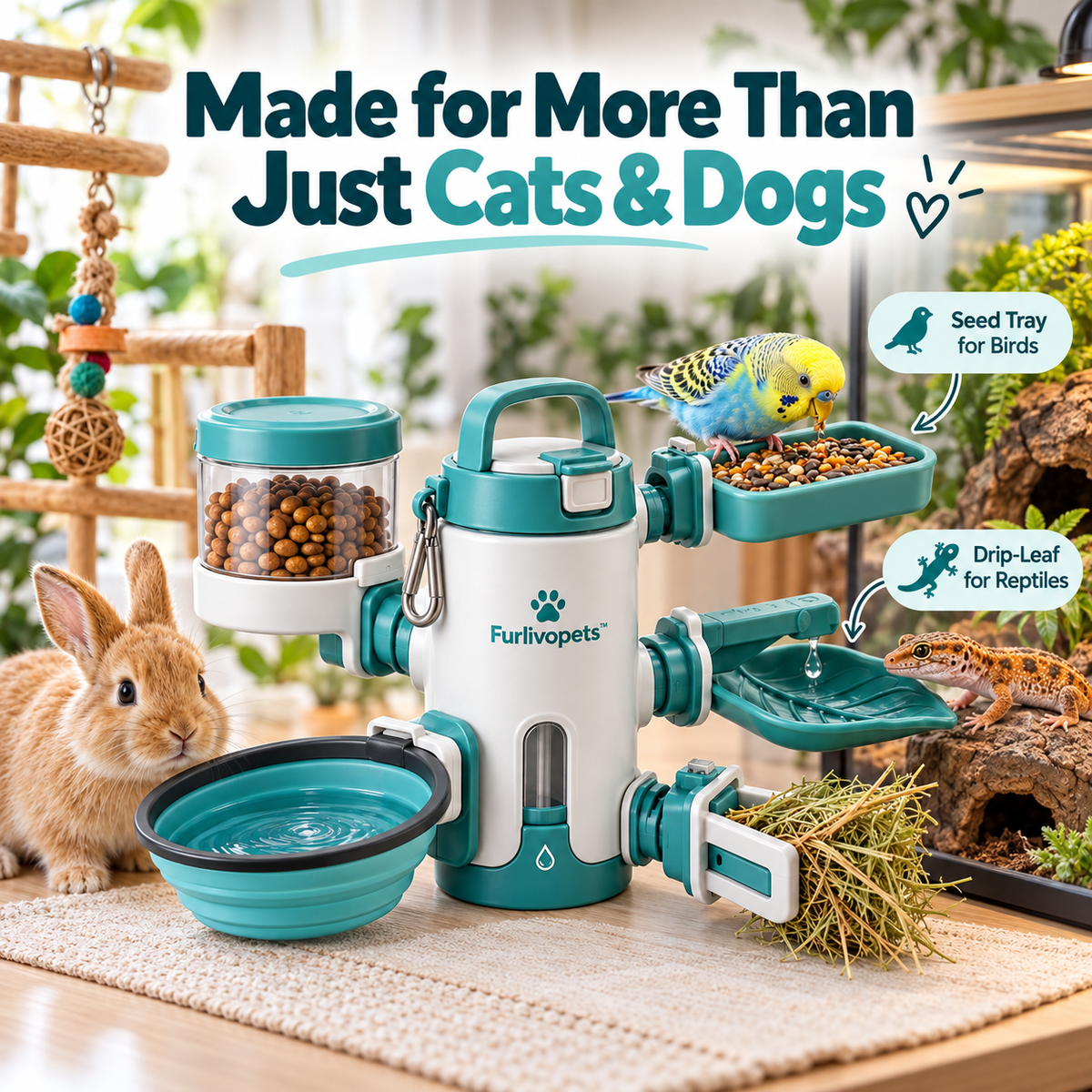 Furlivopets™ OmniFeast™ 6-in-1 Multi-Pet Travel Feeding Station | Portable Food & Water System for Dogs, Cats, Rabbits, Birds & Reptiles