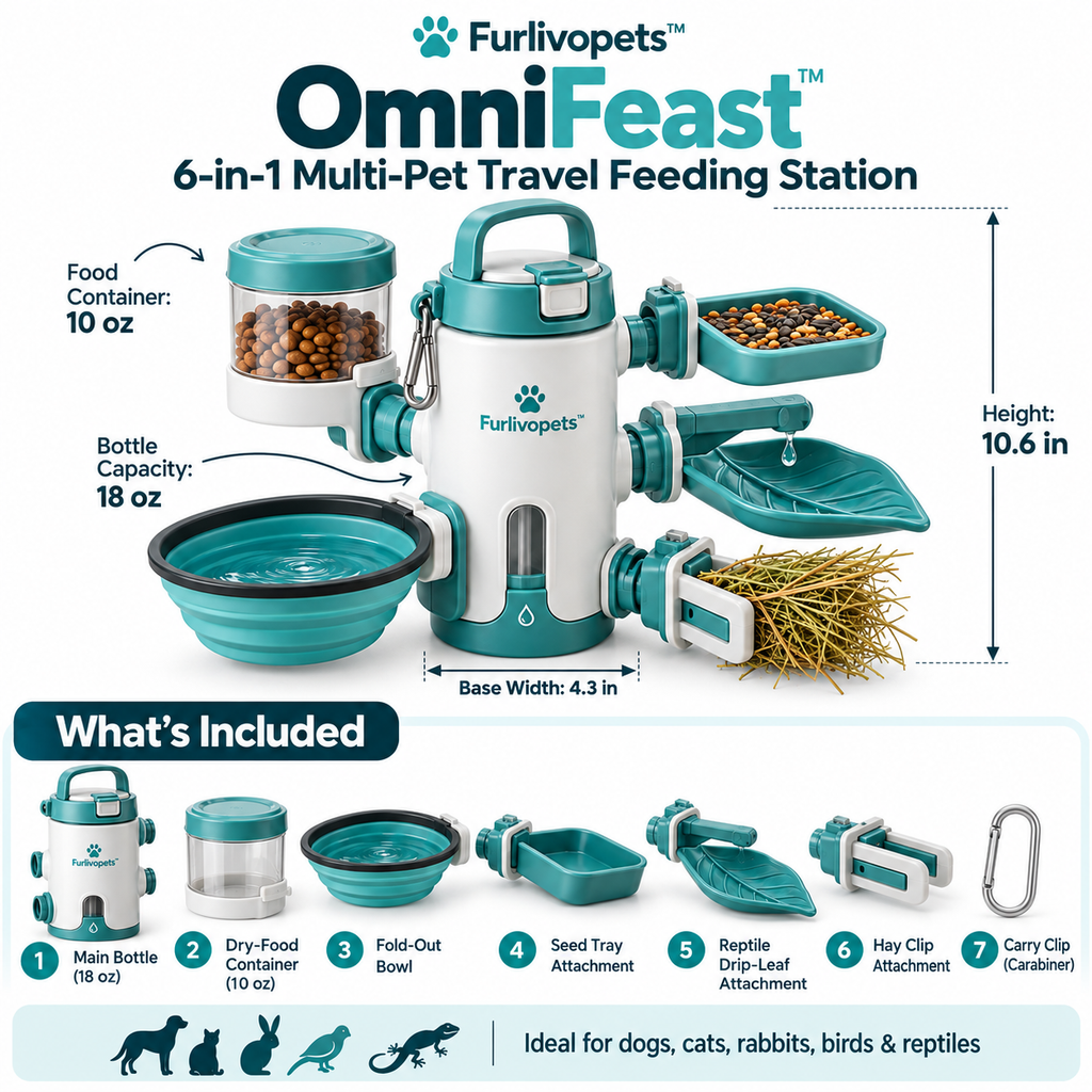 Furlivopets™ OmniFeast™ 6-in-1 Multi-Pet Travel Feeding Station | Portable Food & Water System for Dogs, Cats, Rabbits, Birds & Reptiles